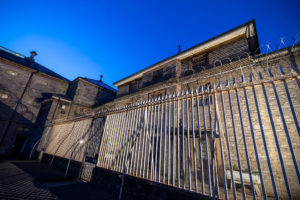 The exterior of Shepton Mallet Prison at night